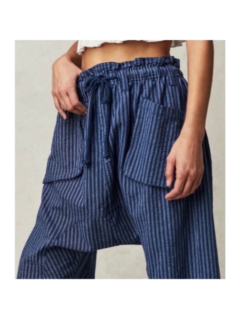 Free People Navy Pinstripe Drop-Crotch Wide Leg Pants - Picture 2 of 11